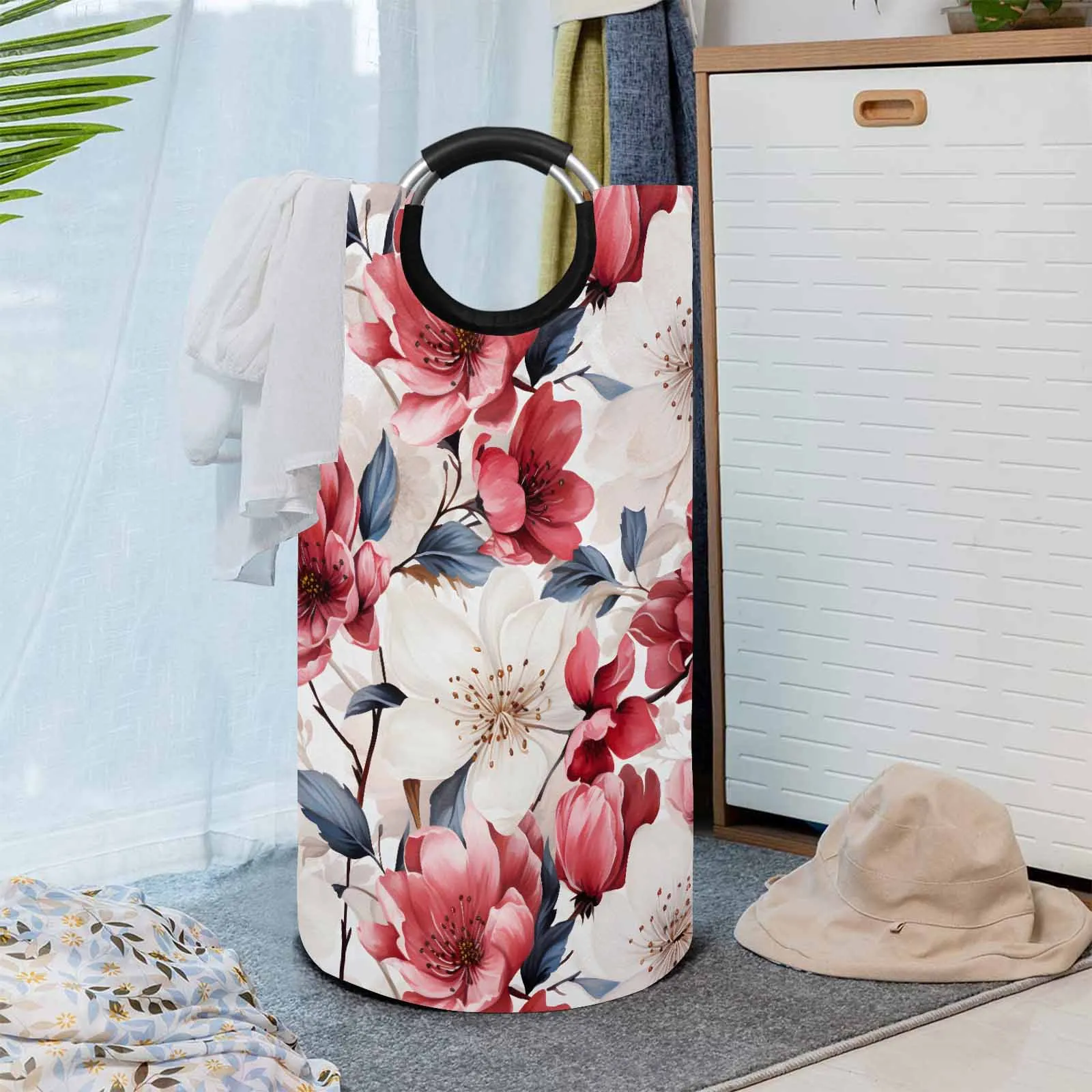 Pink Floral  Round Laundry Basket
