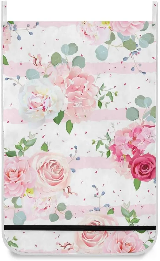 Pink Rose Hanging Laundry Bag, Pink Flowers Door Hanging Laundry Hamper with Stainless Steel Hooks Wall Laundry Nook with Adhesive Hooks 1 PC