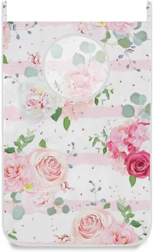 Pink Rose Hanging Laundry Bag, Pink Flowers Door Hanging Laundry Hamper with Stainless Steel Hooks Wall Laundry Nook with Adhesive Hooks 1 PC