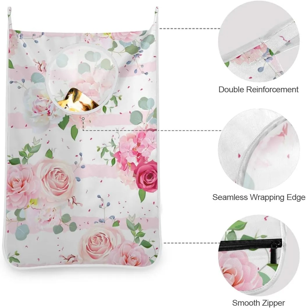 Pink Rose Hanging Laundry Bag, Pink Flowers Door Hanging Laundry Hamper with Stainless Steel Hooks Wall Laundry Nook with Adhesive Hooks 1 PC