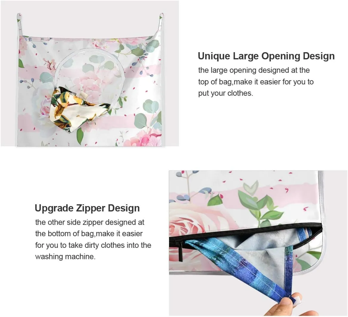 Pink Rose Hanging Laundry Bag, Pink Flowers Door Hanging Laundry Hamper with Stainless Steel Hooks Wall Laundry Nook with Adhesive Hooks 1 PC