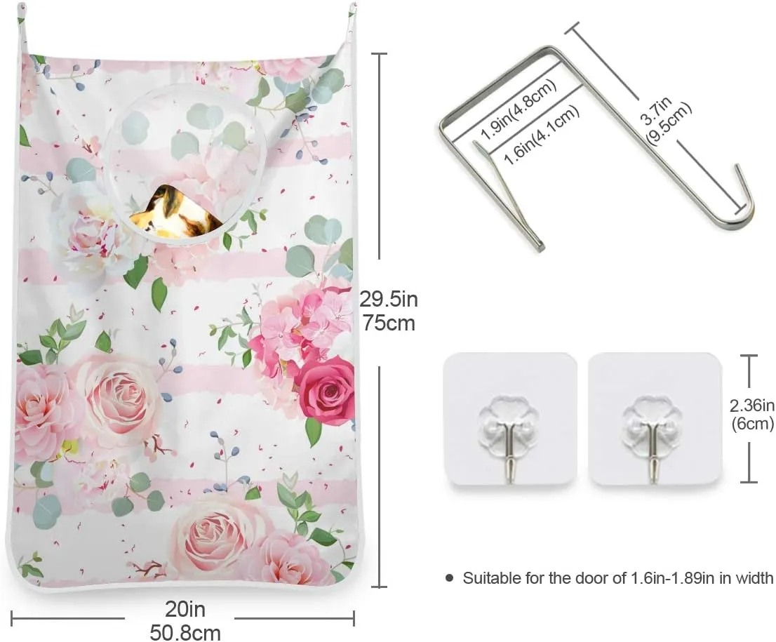 Pink Rose Hanging Laundry Bag, Pink Flowers Door Hanging Laundry Hamper with Stainless Steel Hooks Wall Laundry Nook with Adhesive Hooks 1 PC