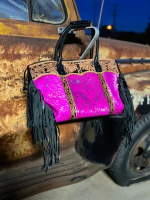 Pink/Silver acid wash with fringe Junebug tote/weekender