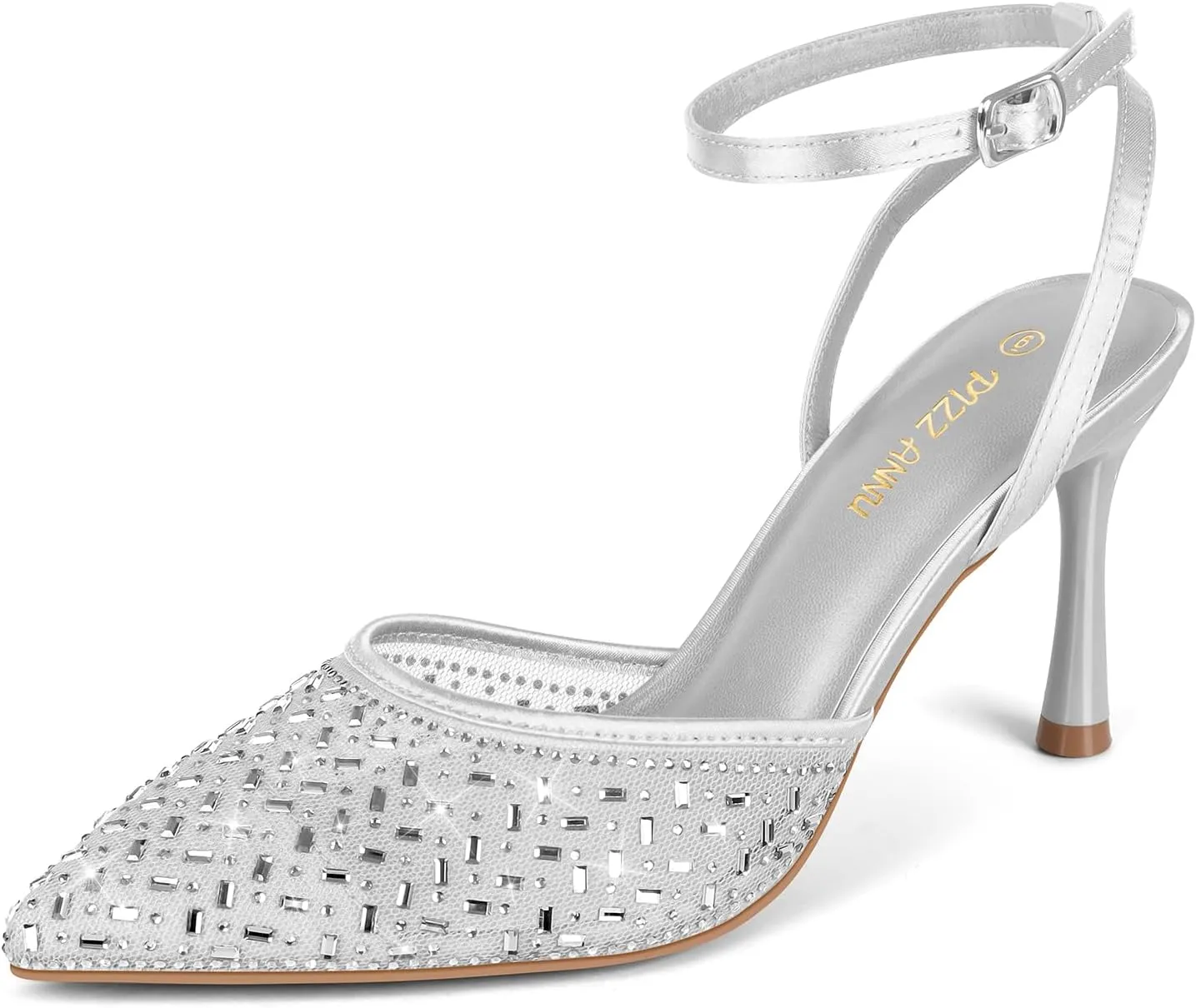 PIZZ ANNU Women's Cienna High Heels Sexy Stiletto Pumps Closed Toe Mesh Sparkly Rhinestones Ankle Strap Dress Wedding Party Pumps Shoes