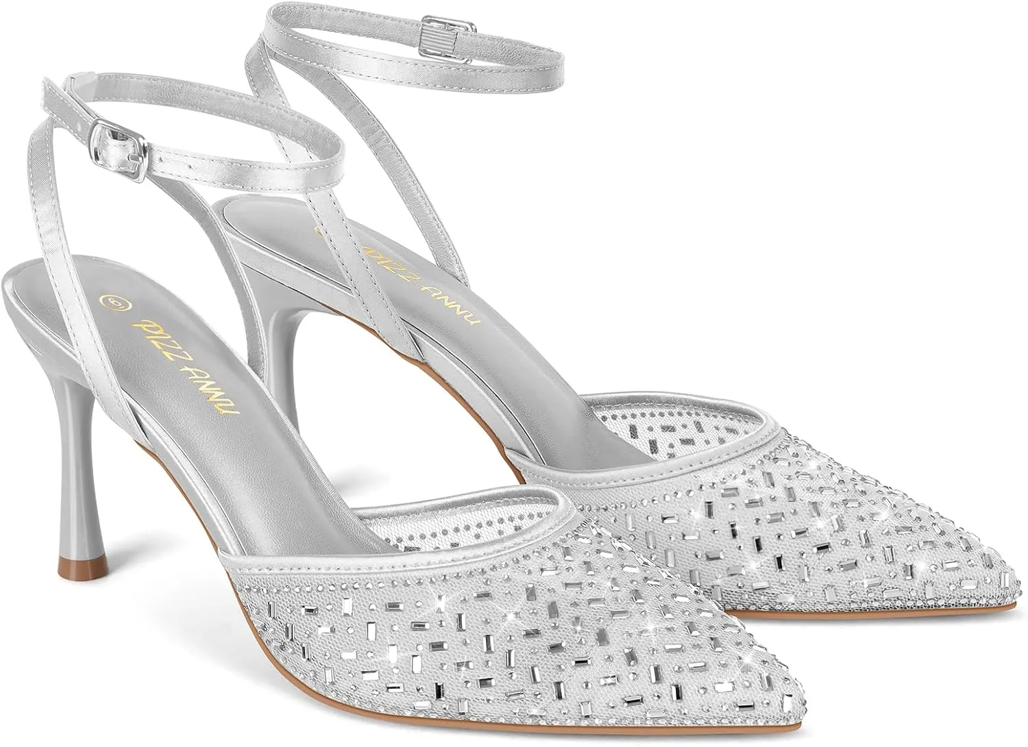 PIZZ ANNU Women's Cienna High Heels Sexy Stiletto Pumps Closed Toe Mesh Sparkly Rhinestones Ankle Strap Dress Wedding Party Pumps Shoes