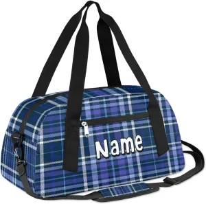 Plaid Blue Indigo Personalized Kids Duffle Custom Duffel Bag for Little Girls Boys Overnight Bag Mini Gym Duffle Bag 18.5 Inch Checked Weekender Bag for Kids Travel Sport Duffle Bag