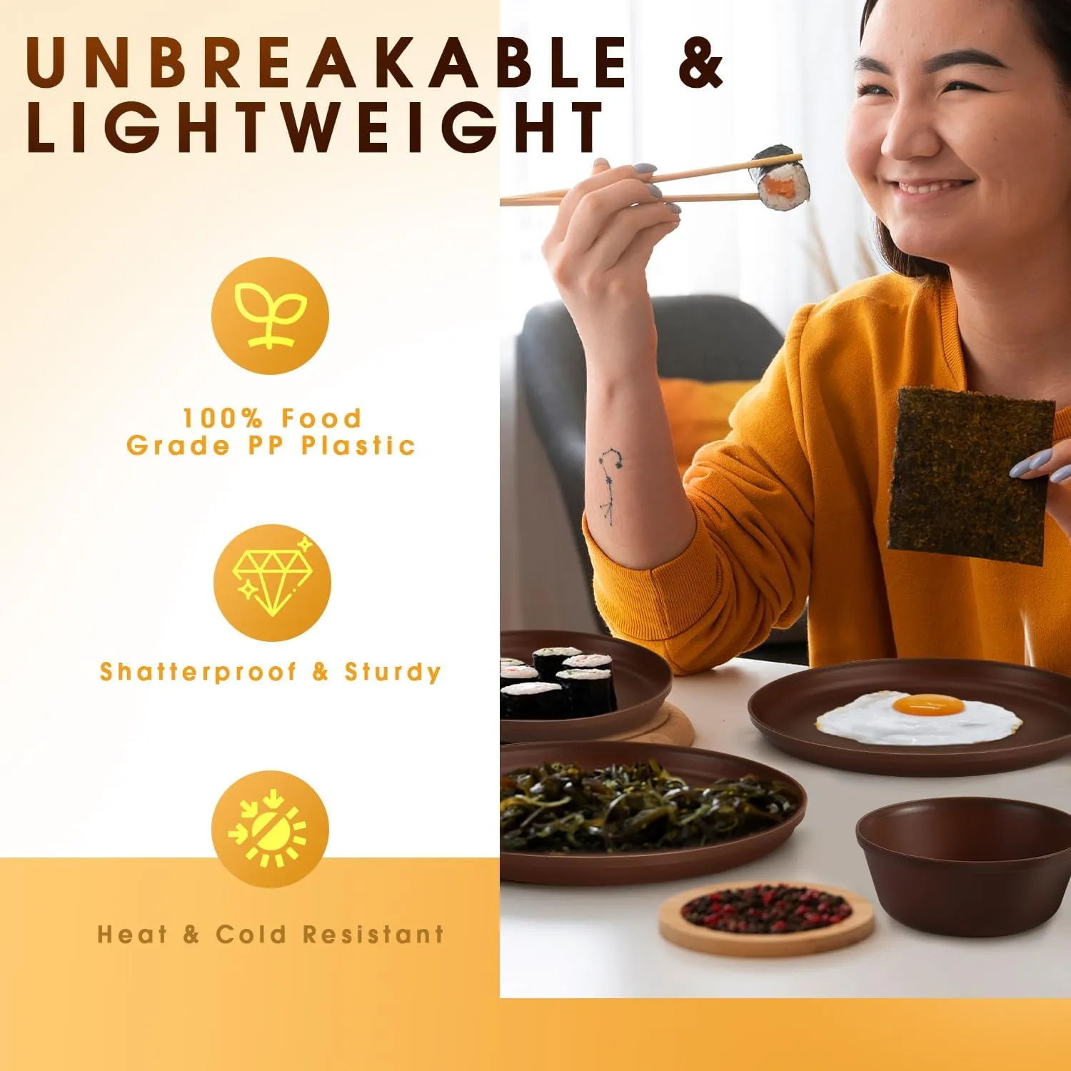 Plastic Dinnerware Sets – Brown Plastic Plates, 40-Piece Reusable Dishes Set for 8 with Cups, Forks, Knives and Spoons, Unbreakable Plates and Bowls for Camping, Outdoor Use
