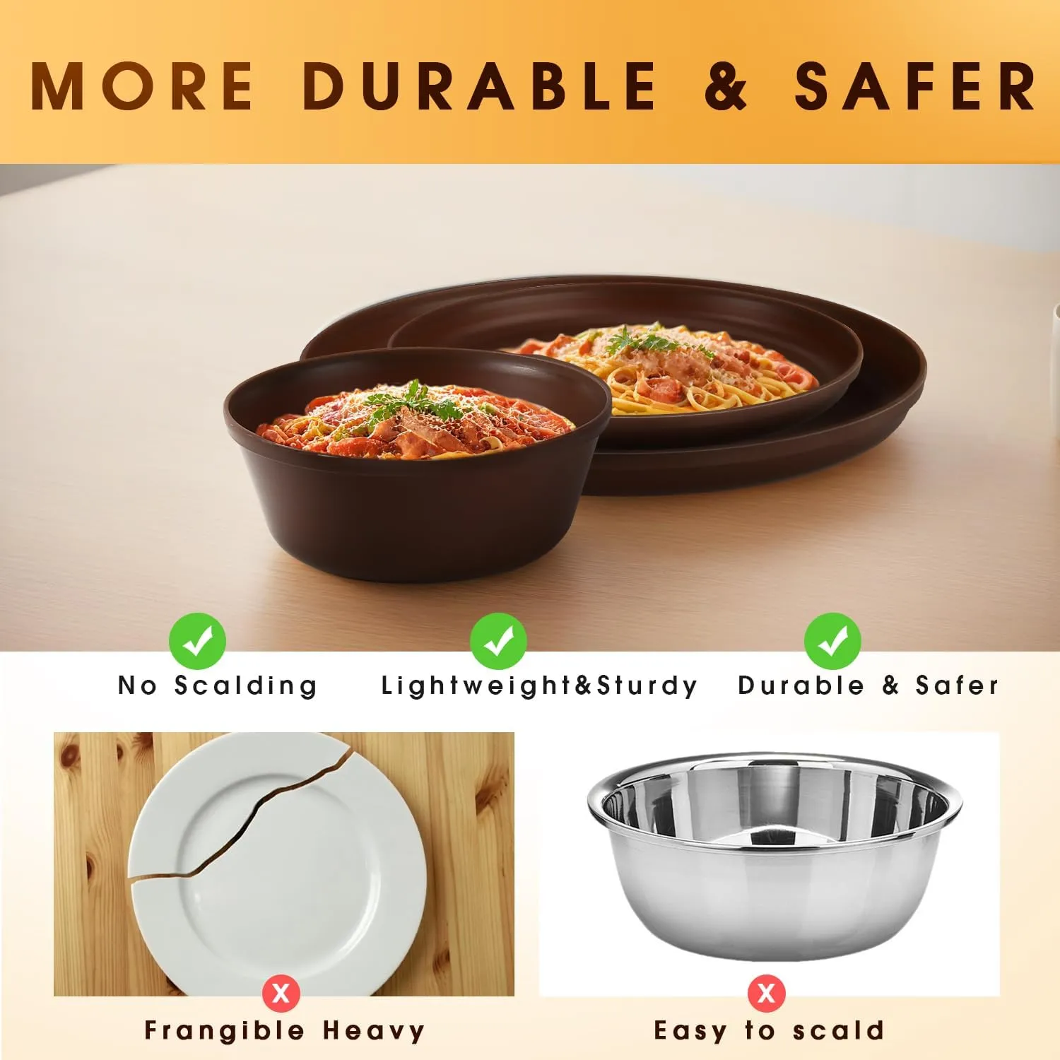 Plastic Dinnerware Sets – Brown Plastic Plates, 40-Piece Reusable Dishes Set for 8 with Cups, Forks, Knives and Spoons, Unbreakable Plates and Bowls for Camping, Outdoor Use