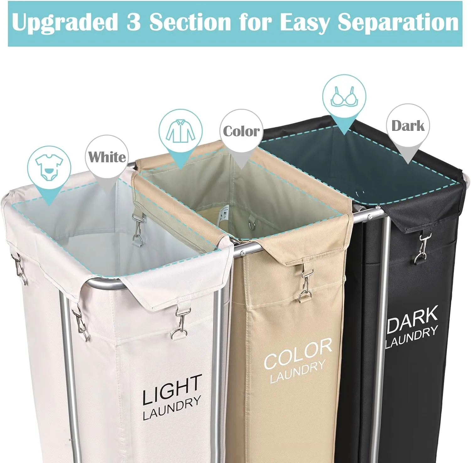 PLKOW Laundry Sorter 3 Section, 220L Large Laundry Cart with Wheels 3 Hamper Laundry Sorter with Steel Frame and Removable Bag, Rolling Laundry Cart for Home, Laundry Room, Hotel, 6 Bushel