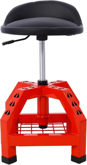 Pneumatic 360 Degree Swivel Stool with Tool Storage, Rolling Mechanics Seat with Foam Cushioning, Red