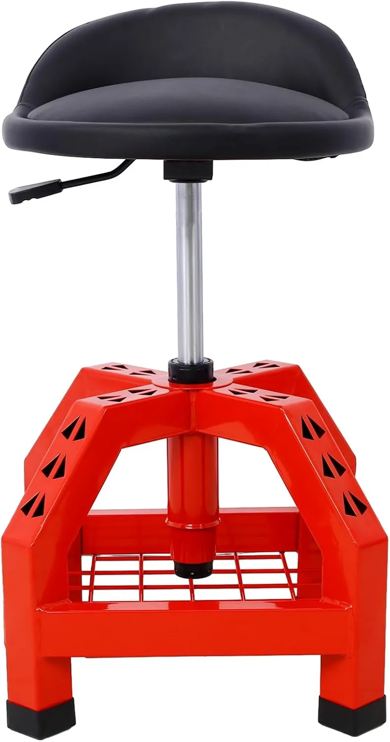 Pneumatic 360 Degree Swivel Stool with Tool Storage, Rolling Mechanics Seat with Foam Cushioning, Red