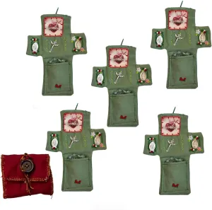 Pocket Shrine with Silver Cross Included Inside,Handmade Stitched Pocket Shrine, Mini Travel Shrine Pouch,Fabric Embroidered Blessing Pocket Shrine (Green-5pcs, one size-1pack)