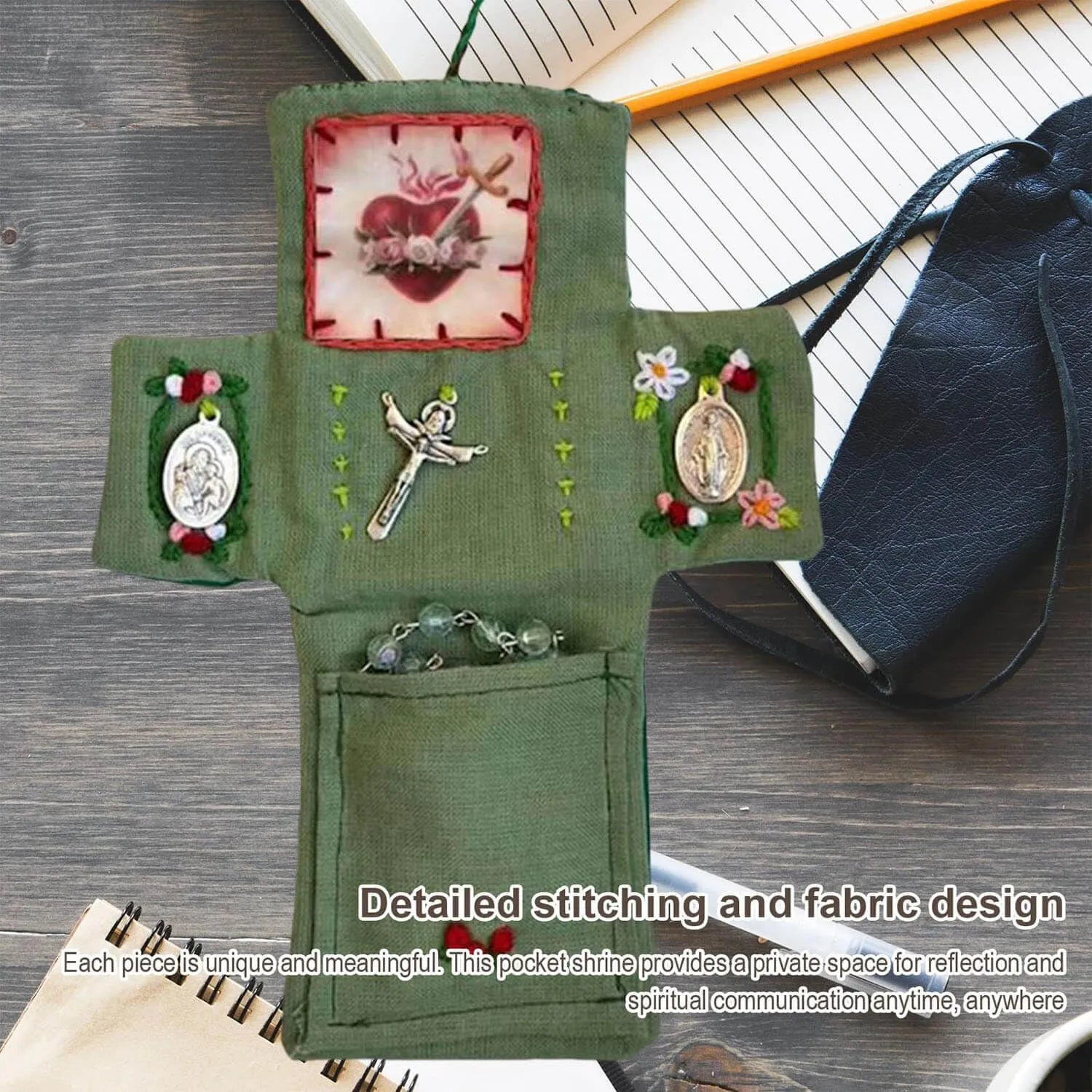 Pocket Shrine with Silver Cross Included Inside,Handmade Stitched Pocket Shrine, Mini Travel Shrine Pouch,Fabric Embroidered Blessing Pocket Shrine (Green-5pcs, one size-1pack)