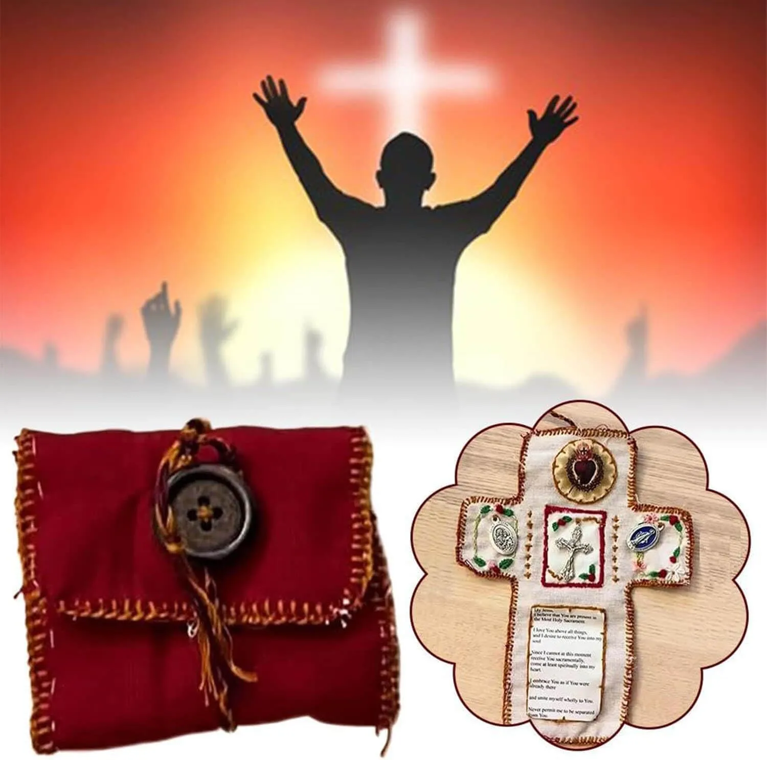 Pocket Shrine with Silver Cross Included Inside,Handmade Stitched Pocket Shrine, Mini Travel Shrine Pouch,Fabric Embroidered Blessing Pocket Shrine (Green-5pcs, one size-1pack)