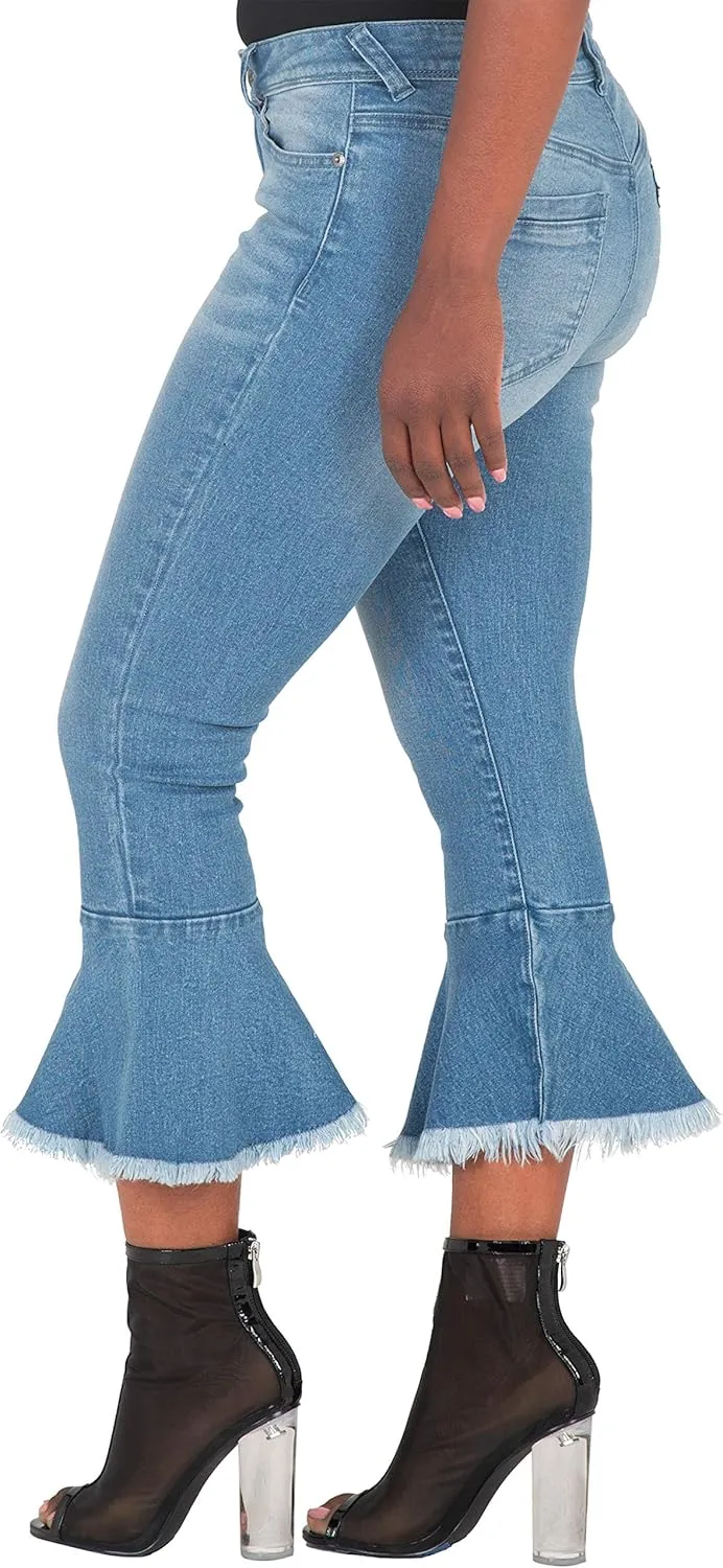 Poetic Justice Women's Curvy Fit 5-Pocket Frayed Ruffle Flare Cropped Ankle Jeans