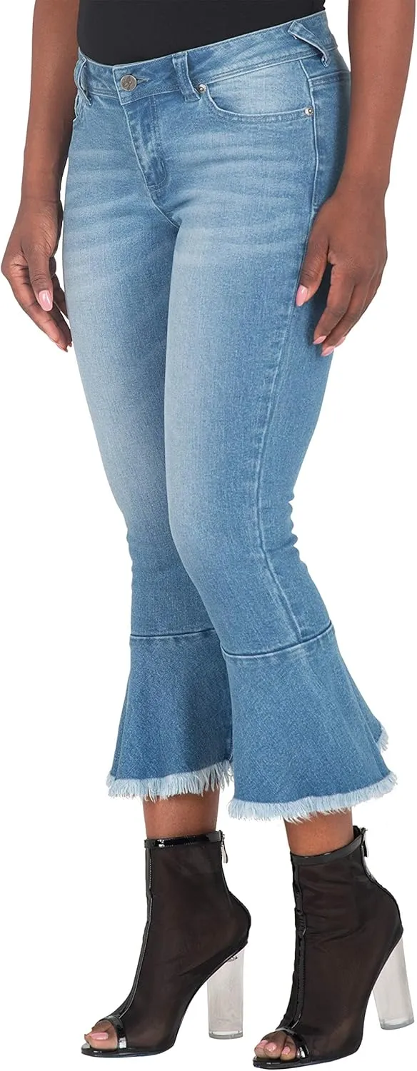 Poetic Justice Women's Curvy Fit 5-Pocket Frayed Ruffle Flare Cropped Ankle Jeans