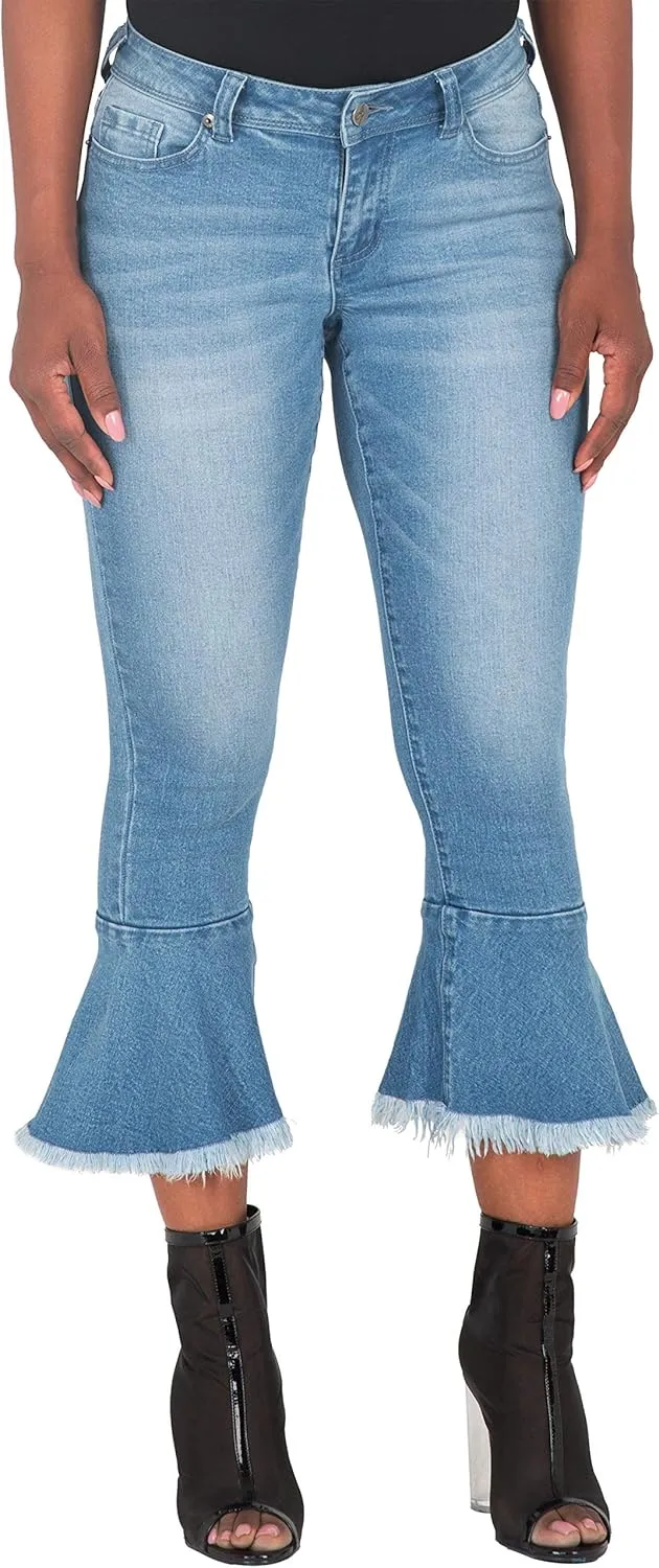 Poetic Justice Women's Curvy Fit 5-Pocket Frayed Ruffle Flare Cropped Ankle Jeans