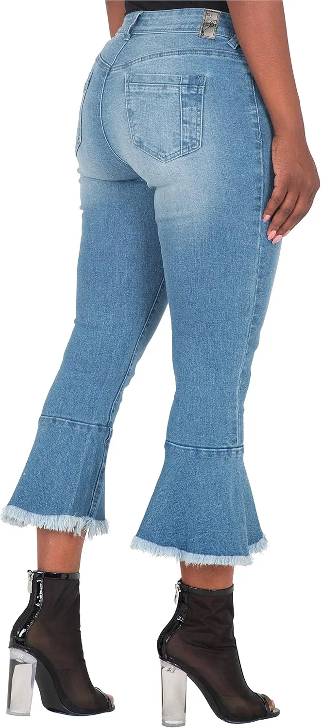 Poetic Justice Women's Curvy Fit 5-Pocket Frayed Ruffle Flare Cropped Ankle Jeans