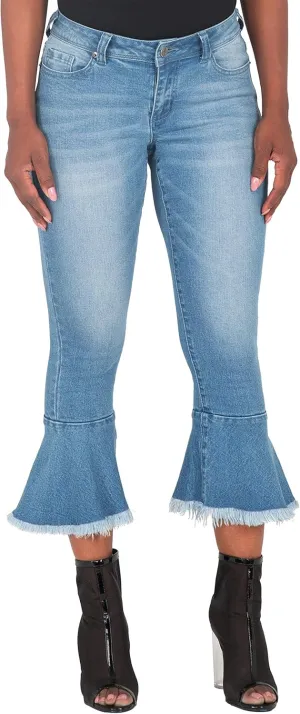 Poetic Justice Women's Curvy Fit 5-Pocket Frayed Ruffle Flare Cropped Ankle Jeans