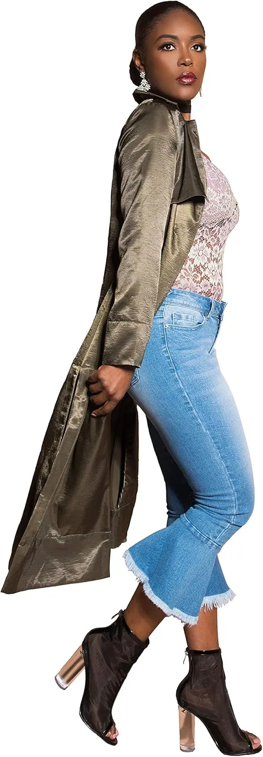 Poetic Justice Women's Curvy Fit 5-Pocket Frayed Ruffle Flare Cropped Ankle Jeans
