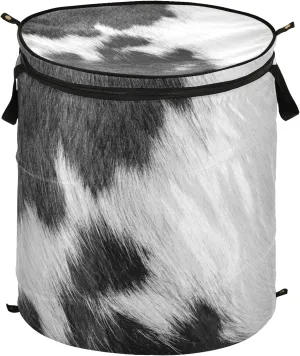 Poeticcity Fragment of a Skin of a Cow Black White Real Animal Skin Pop Up Laundry Hamper, Collapsible Dirty Clothes Basket with Zipper Lid, Storage Bag Washing Bin for Room College Dorm Travel