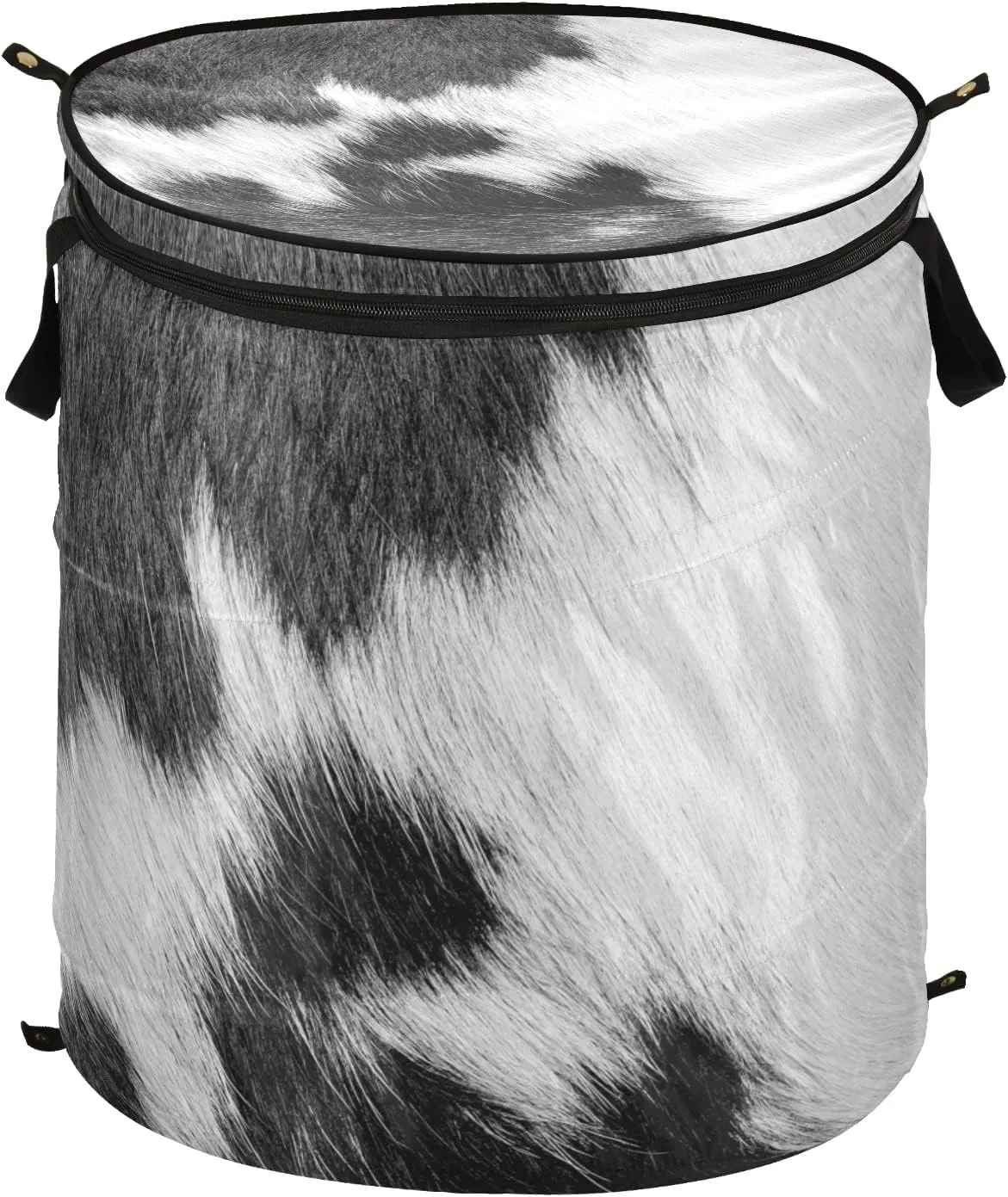 Poeticcity Fragment of a Skin of a Cow Black White Real Animal Skin Pop Up Laundry Hamper, Collapsible Dirty Clothes Basket with Zipper Lid, Storage Bag Washing Bin for Room College Dorm Travel