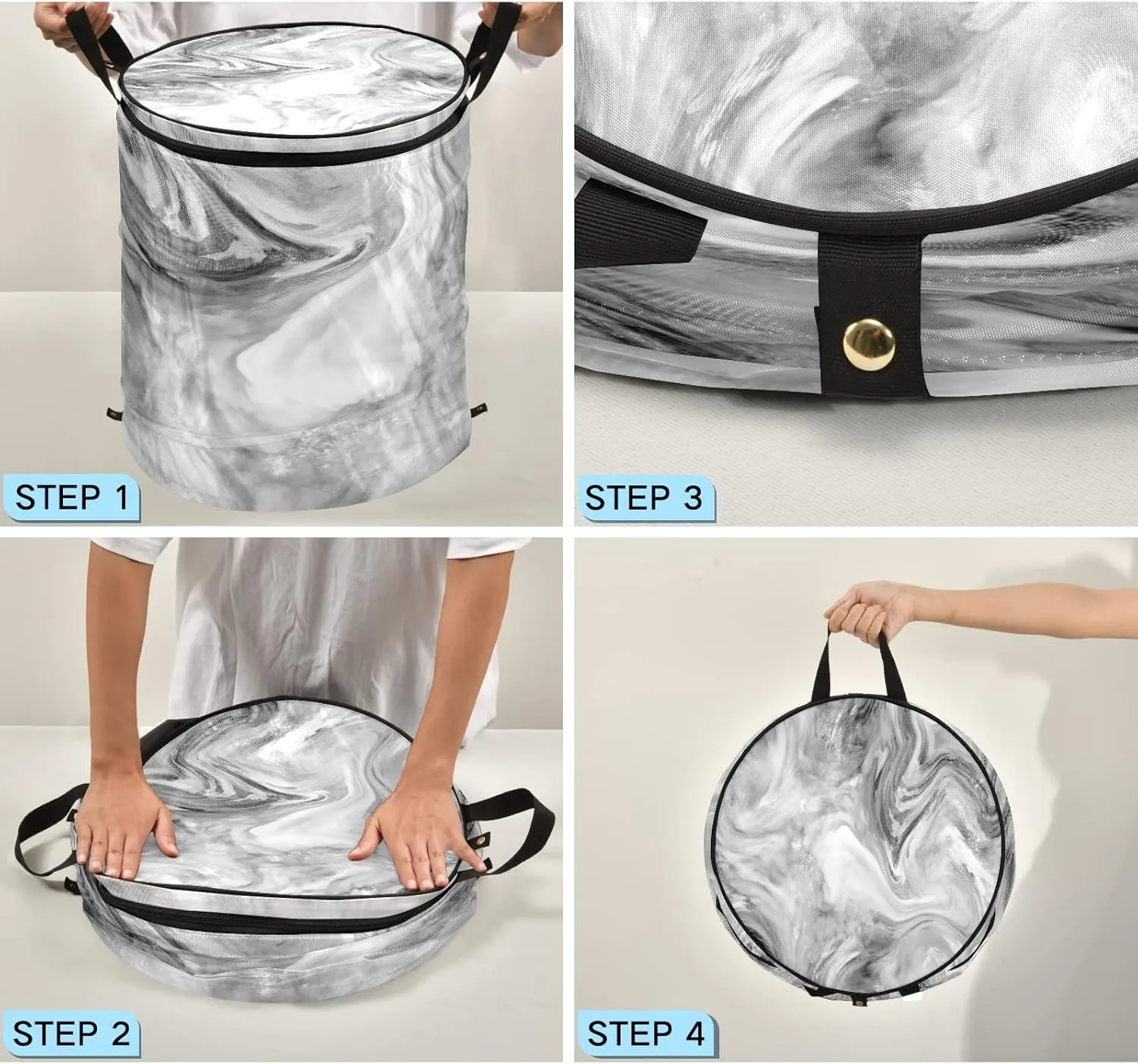 Poeticcity Grey Marble Stone Abstract Mottled Spotty Ink Texture Paint Pop Up Laundry Hamper, Collapsible Dirty Clothes Basket with Zipper Lid, Storage Bag Washing Bin for Room College Dorm Travel