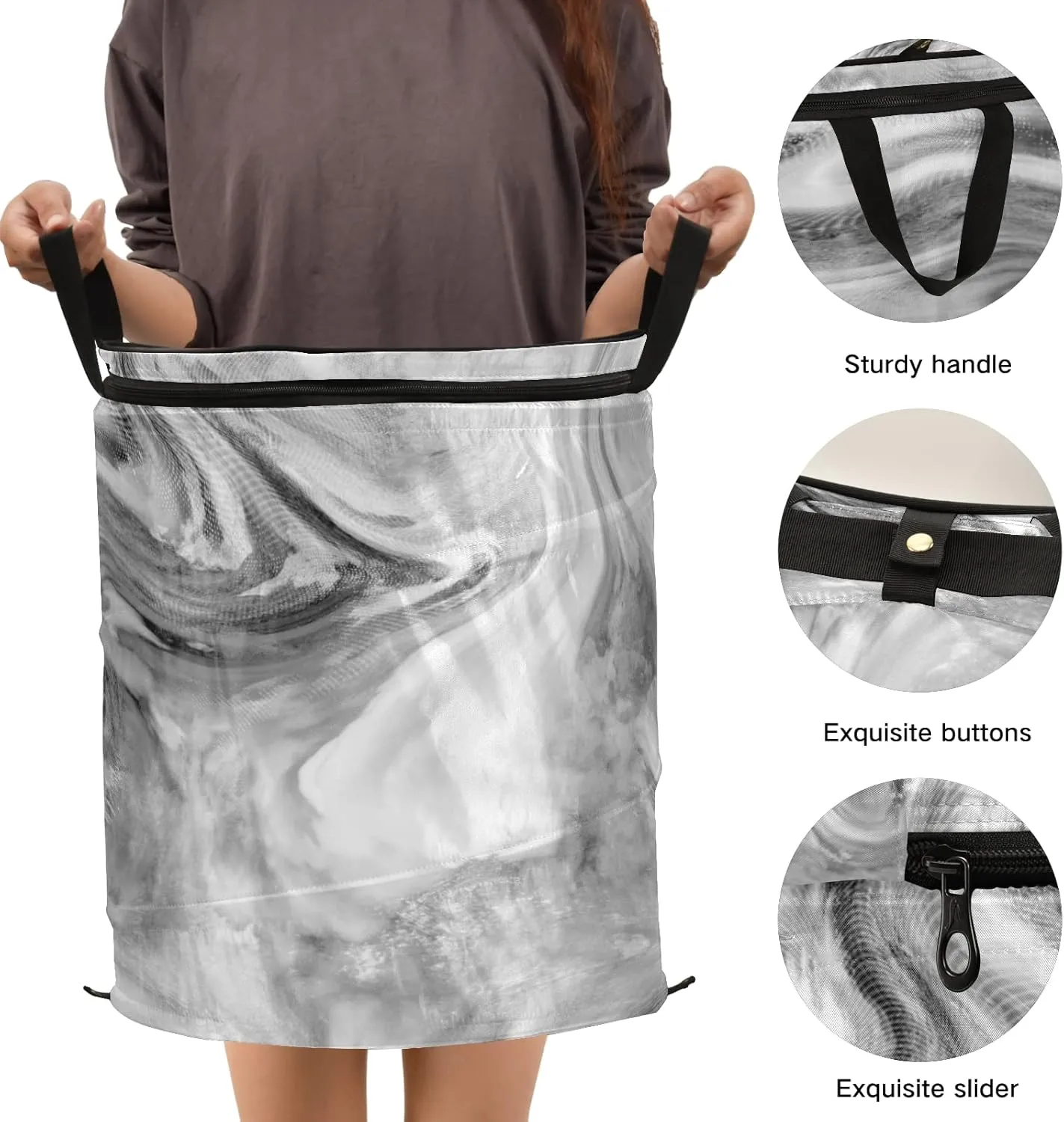 Poeticcity Grey Marble Stone Abstract Mottled Spotty Ink Texture Paint Pop Up Laundry Hamper, Collapsible Dirty Clothes Basket with Zipper Lid, Storage Bag Washing Bin for Room College Dorm Travel