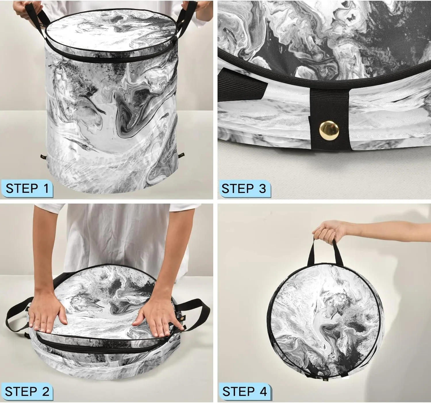 Poeticcity Modern Art Black White Acrylic Paints Marble Texture Marbling Pop Up Laundry Hamper, Collapsible Dirty Clothes Basket with Zipper Lid, Storage Bag Washing Bin for Room College Dorm Travel