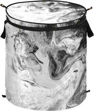 Poeticcity Modern Art Black White Acrylic Paints Marble Texture Marbling Pop Up Laundry Hamper, Collapsible Dirty Clothes Basket with Zipper Lid, Storage Bag Washing Bin for Room College Dorm Travel