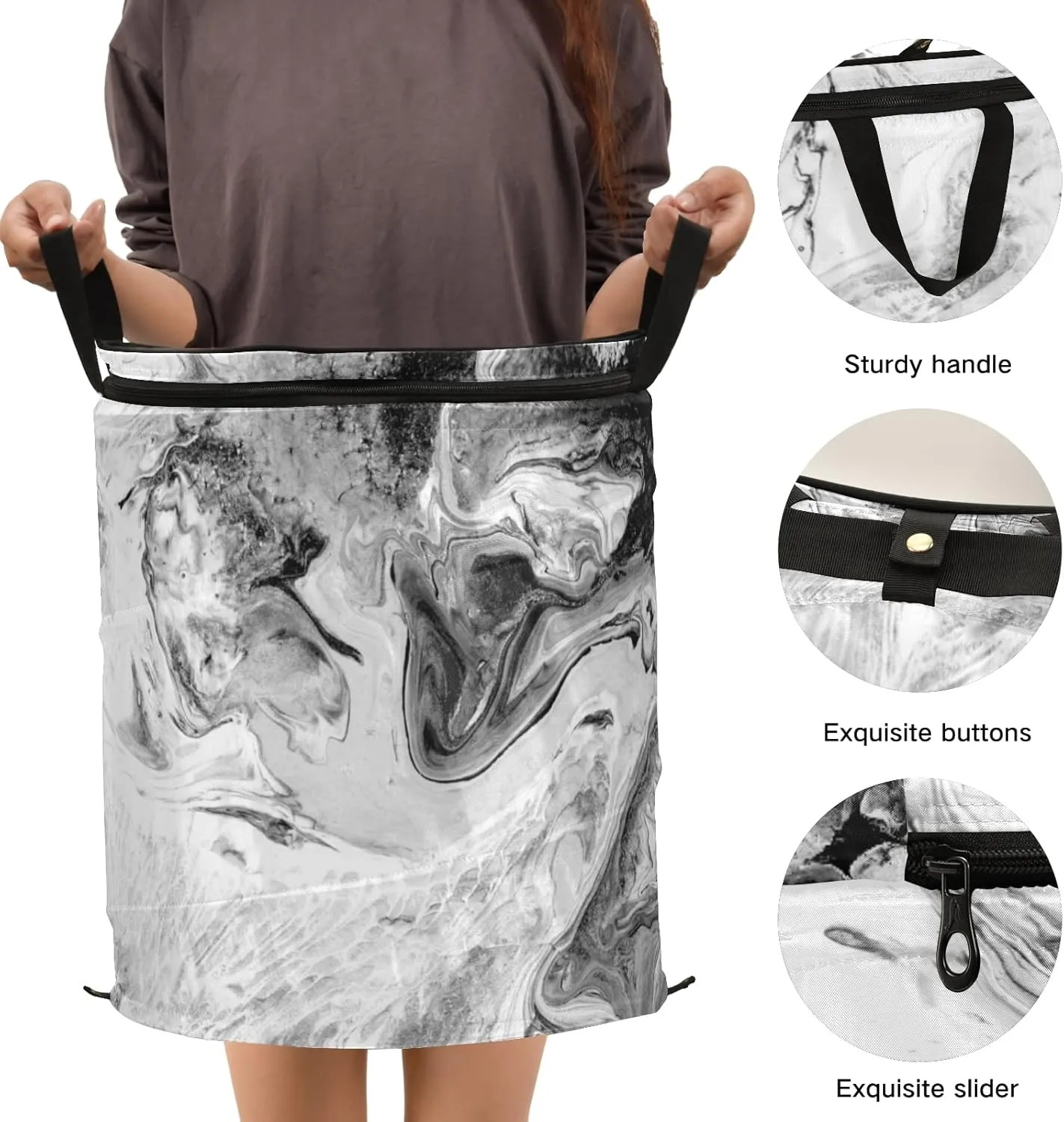 Poeticcity Modern Art Black White Acrylic Paints Marble Texture Marbling Pop Up Laundry Hamper, Collapsible Dirty Clothes Basket with Zipper Lid, Storage Bag Washing Bin for Room College Dorm Travel