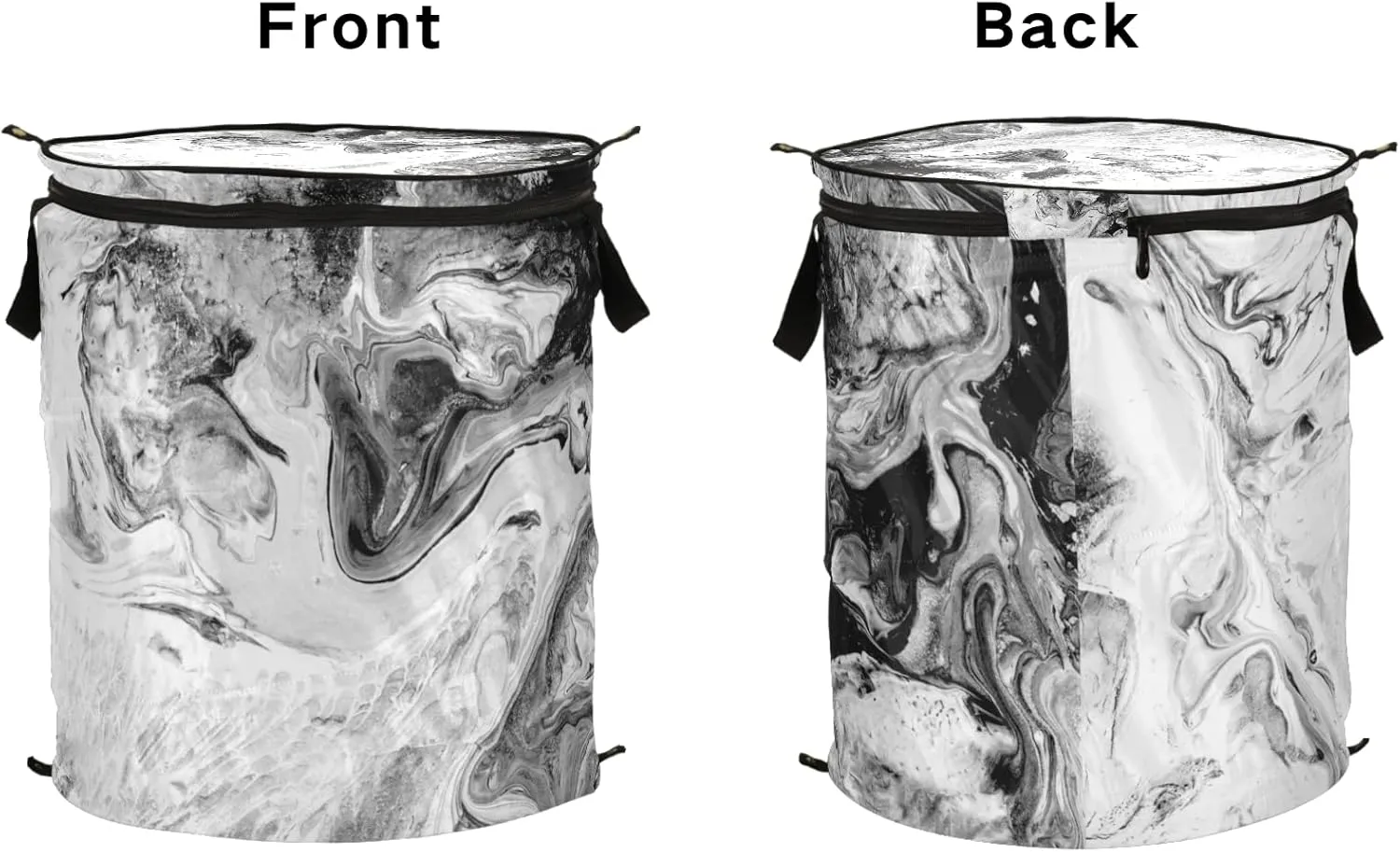 Poeticcity Modern Art Black White Acrylic Paints Marble Texture Marbling Pop Up Laundry Hamper, Collapsible Dirty Clothes Basket with Zipper Lid, Storage Bag Washing Bin for Room College Dorm Travel