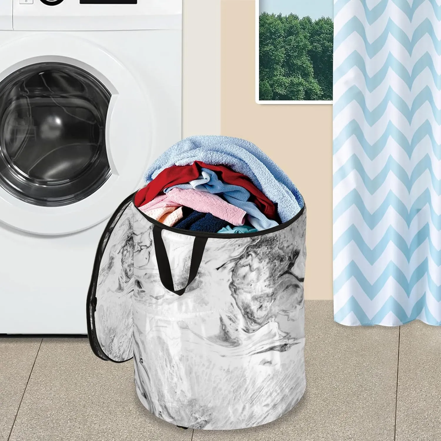 Poeticcity Modern Art Black White Acrylic Paints Marble Texture Marbling Pop Up Laundry Hamper, Collapsible Dirty Clothes Basket with Zipper Lid, Storage Bag Washing Bin for Room College Dorm Travel