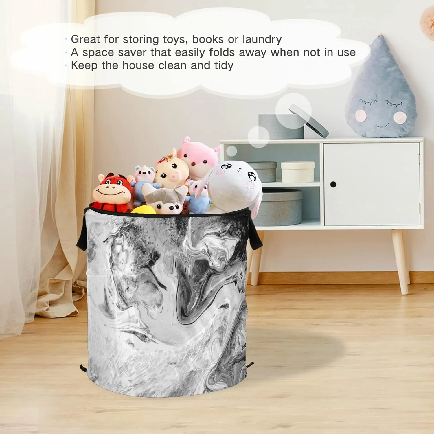 Poeticcity Modern Art Black White Acrylic Paints Marble Texture Marbling Pop Up Laundry Hamper, Collapsible Dirty Clothes Basket with Zipper Lid, Storage Bag Washing Bin for Room College Dorm Travel