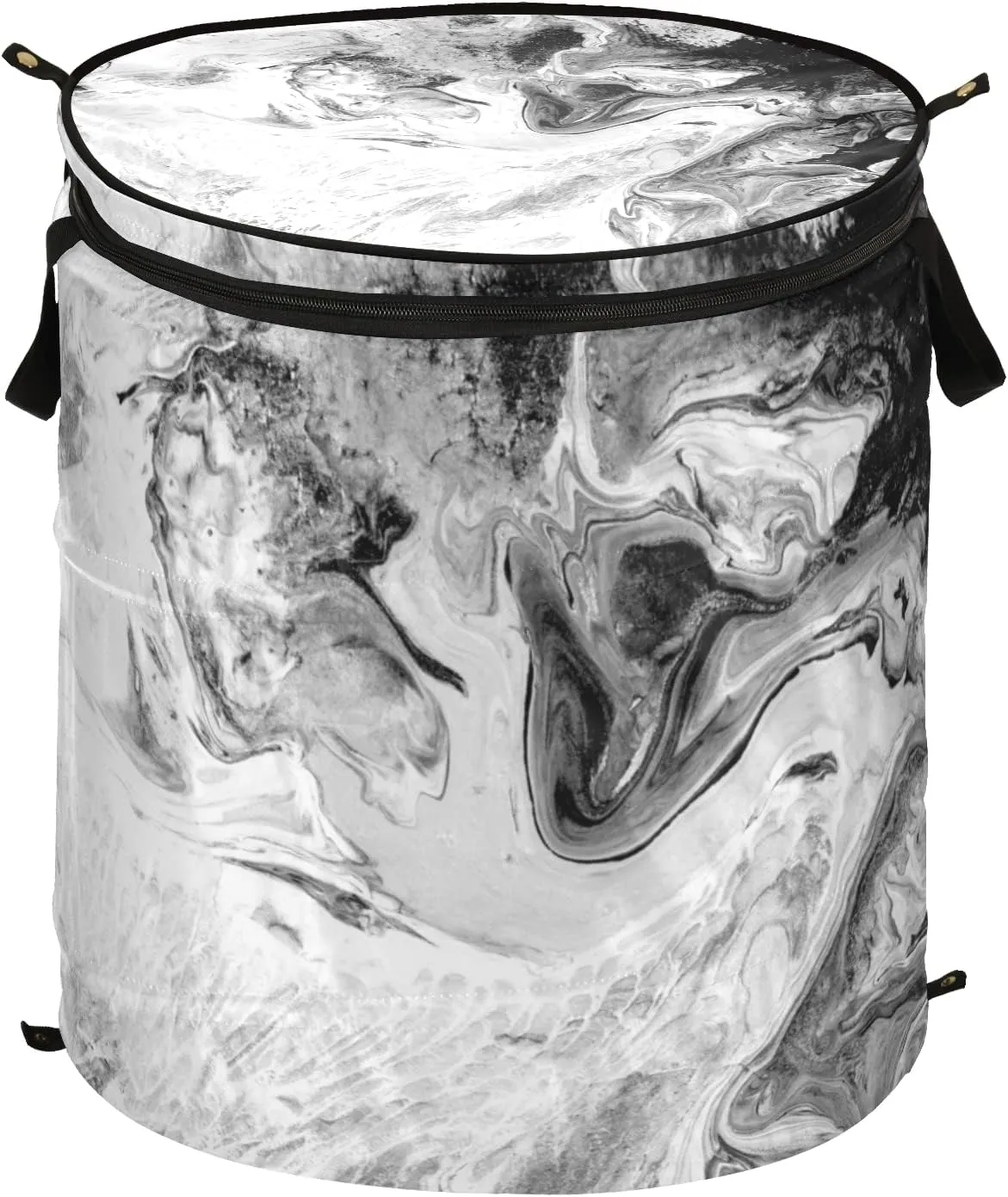 Poeticcity Modern Art Black White Acrylic Paints Marble Texture Marbling Pop Up Laundry Hamper, Collapsible Dirty Clothes Basket with Zipper Lid, Storage Bag Washing Bin for Room College Dorm Travel
