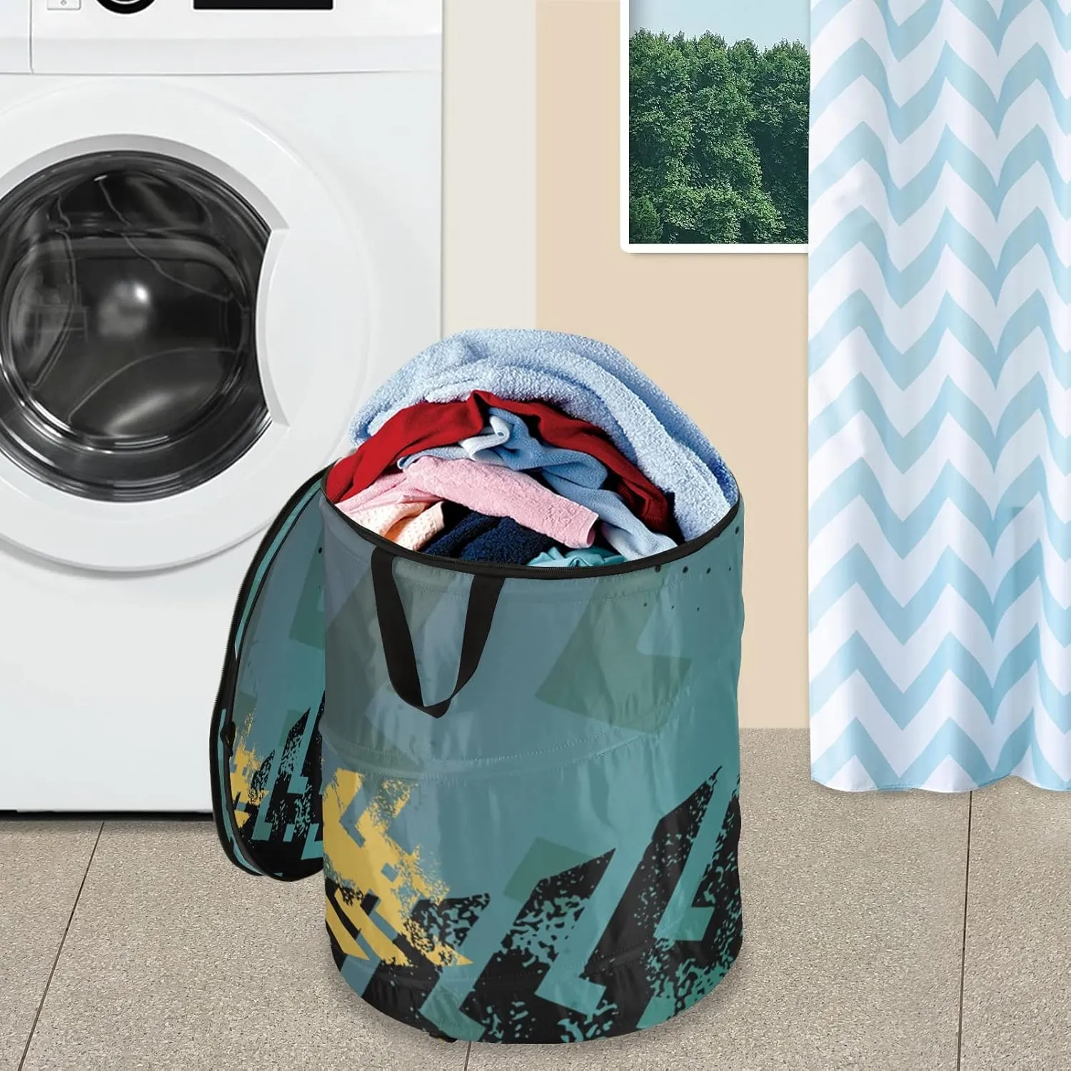 Poeticcity Motocross Man Riding Motor Retro Green Pattern Pop Up Laundry Hamper, Collapsible Dirty Clothes Basket with Zipper Lid, Storage Bag Washing Bin for Room College Dorm Travel