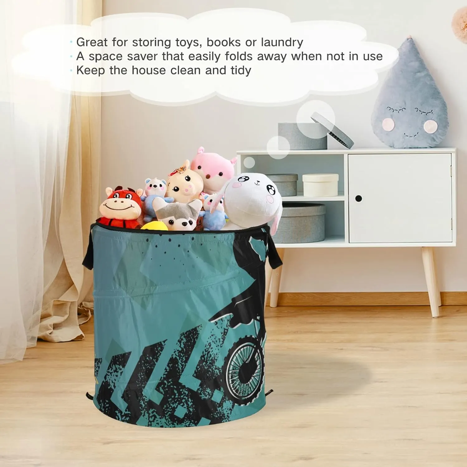 Poeticcity Motocross Man Riding Motor Retro Green Pattern Pop Up Laundry Hamper, Collapsible Dirty Clothes Basket with Zipper Lid, Storage Bag Washing Bin for Room College Dorm Travel