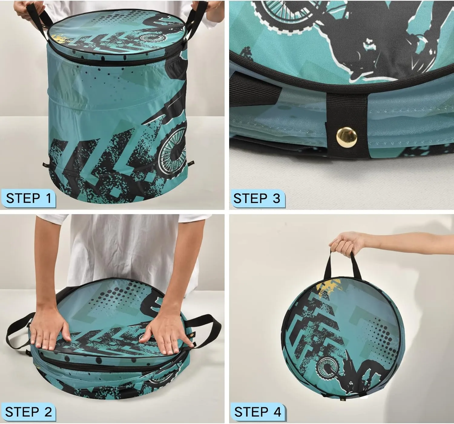 Poeticcity Motocross Man Riding Motor Retro Green Pattern Pop Up Laundry Hamper, Collapsible Dirty Clothes Basket with Zipper Lid, Storage Bag Washing Bin for Room College Dorm Travel