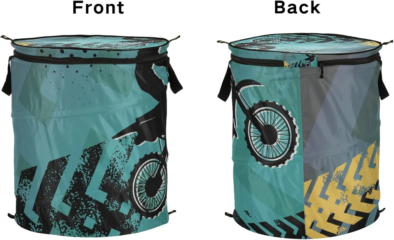 Poeticcity Motocross Man Riding Motor Retro Green Pattern Pop Up Laundry Hamper, Collapsible Dirty Clothes Basket with Zipper Lid, Storage Bag Washing Bin for Room College Dorm Travel