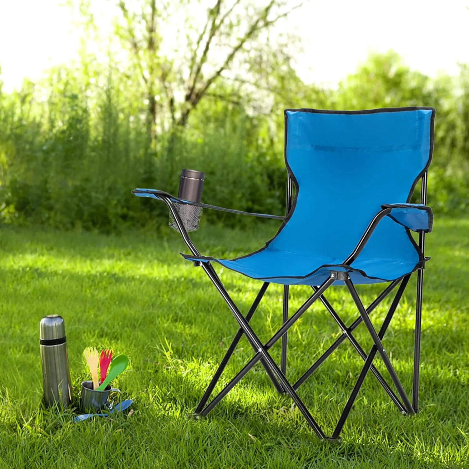 Portable Camping Chairs for Adults, Small Outdoor Lightweight Folding Chair with Cup Holder with Carrying Bag, Compact, Durable - Ideal for Hiking, Backpacking, Beach, and Picnics, Blue