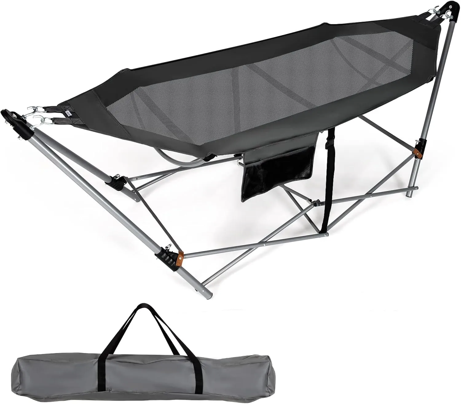 Portable Folding Hammock w/Side Pocket, Lounge Camping Bed w/Metal Stand & Anti-tip Buckles, Outdoor Camping Hammock with Carrying Bag for Patio Garden Yard, Easy Assembly (Grey)