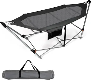 Portable Folding Hammock w/Side Pocket, Lounge Camping Bed w/Metal Stand & Anti-tip Buckles, Outdoor Camping Hammock with Carrying Bag for Patio Garden Yard, Easy Assembly (Grey)