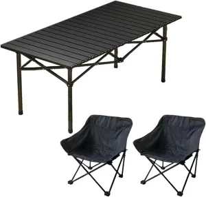 Portable Picnic Table with Seats for More People, Folding Roll up Carbon Steel Camping Compact Table Collapsible Lightweight Lawn Chair for Garden Patio, 3pcs - Black - 95cm