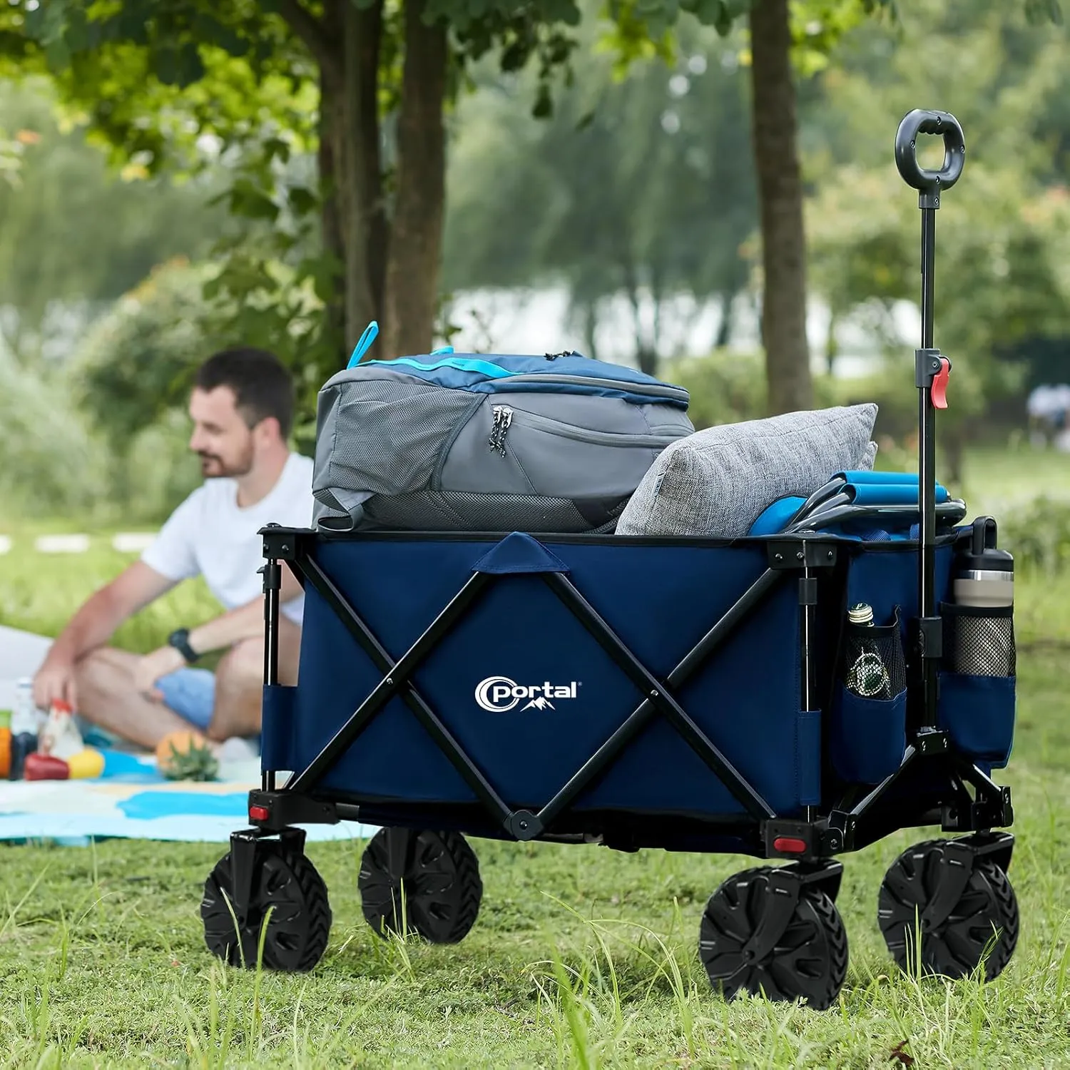 PORTAL Collapsible Folding Utility Wagon, Foldable Wagon Carts Heavy Duty, Large Capacity Beach Wagon with All Terrain Wheels, Outdoor Portable for Camping, Garden, Shopping, Groceries,