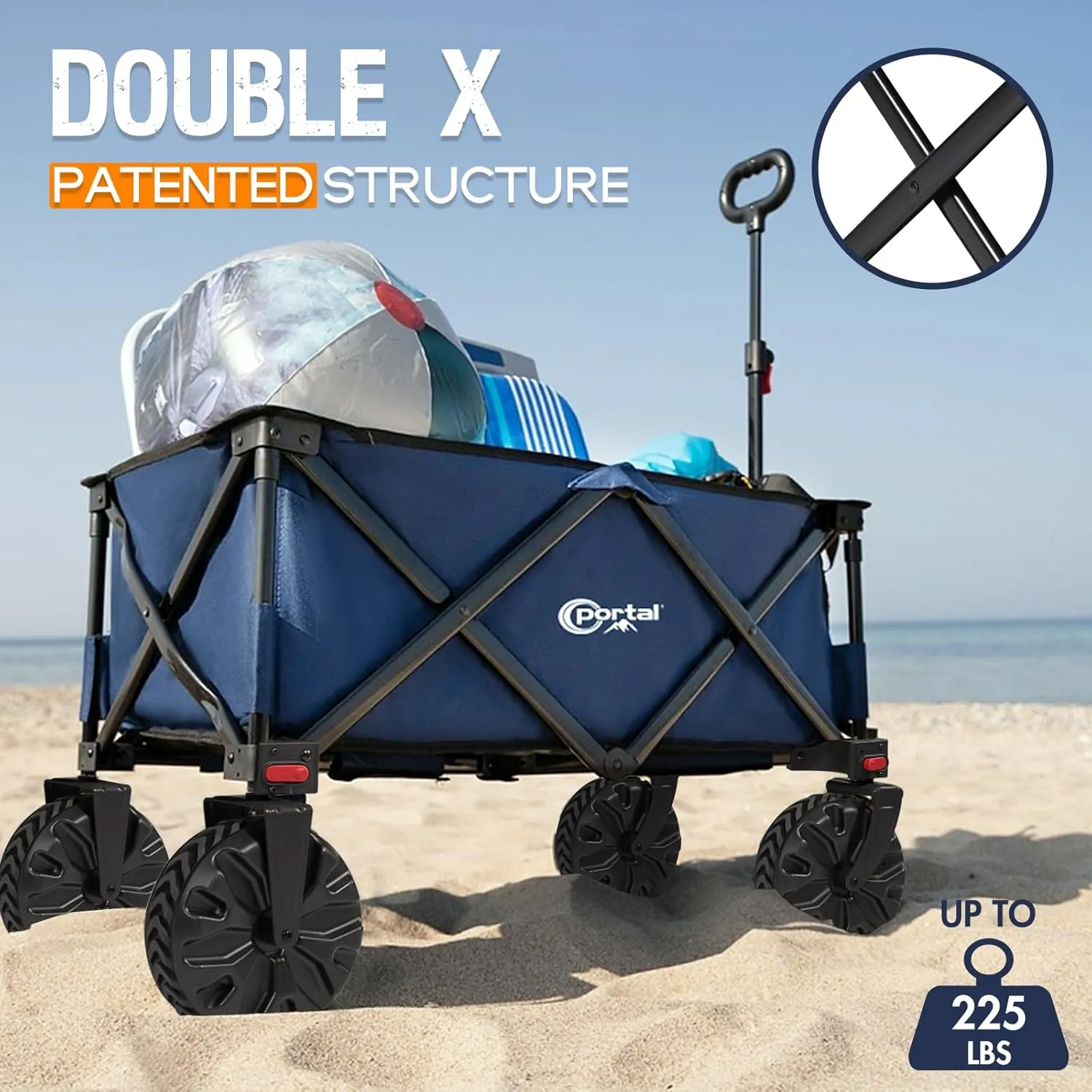 PORTAL Collapsible Folding Utility Wagon, Foldable Wagon Carts Heavy Duty, Large Capacity Beach Wagon with All Terrain Wheels, Outdoor Portable for Camping, Garden, Shopping, Groceries,