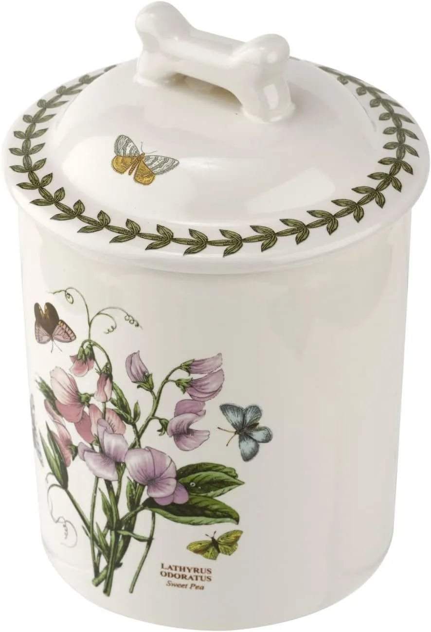 Portmeirion Botanic Garden 7-Inch Pet Treat Jar - Sweet Pea Motif with Bone-Shaped Handle, Fine Porcelain Luxury Pet Essentials - Dishwasher, Microwave, & Freezer Safe for Versatile Use