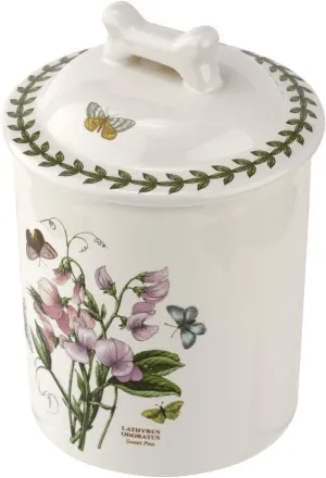 Portmeirion Botanic Garden 7-Inch Pet Treat Jar - Sweet Pea Motif with Bone-Shaped Handle, Fine Porcelain Luxury Pet Essentials - Dishwasher, Microwave, & Freezer Safe for Versatile Use