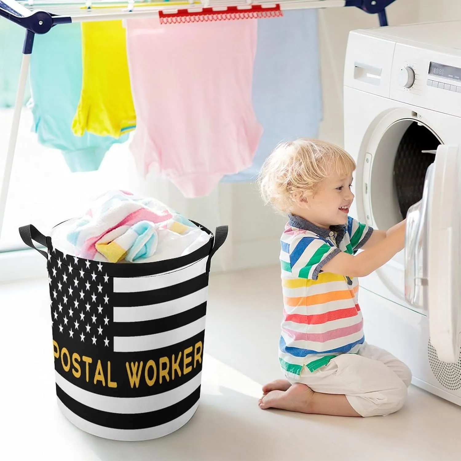 Postal Worker America Flag Laundry Hamper,45L Round Drawstring Collapsible Laundry Basket with Handle 17in Waterproof Storage Basket for Bedroom Room-1