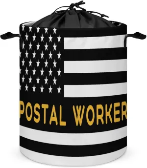 Postal Worker America Flag Laundry Hamper,45L Round Drawstring Collapsible Laundry Basket with Handle 17in Waterproof Storage Basket for Bedroom Room-1