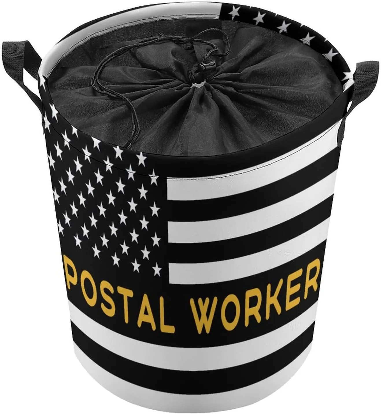 Postal Worker America Flag Laundry Hamper,45L Round Drawstring Collapsible Laundry Basket with Handle 17in Waterproof Storage Basket for Bedroom Room-1